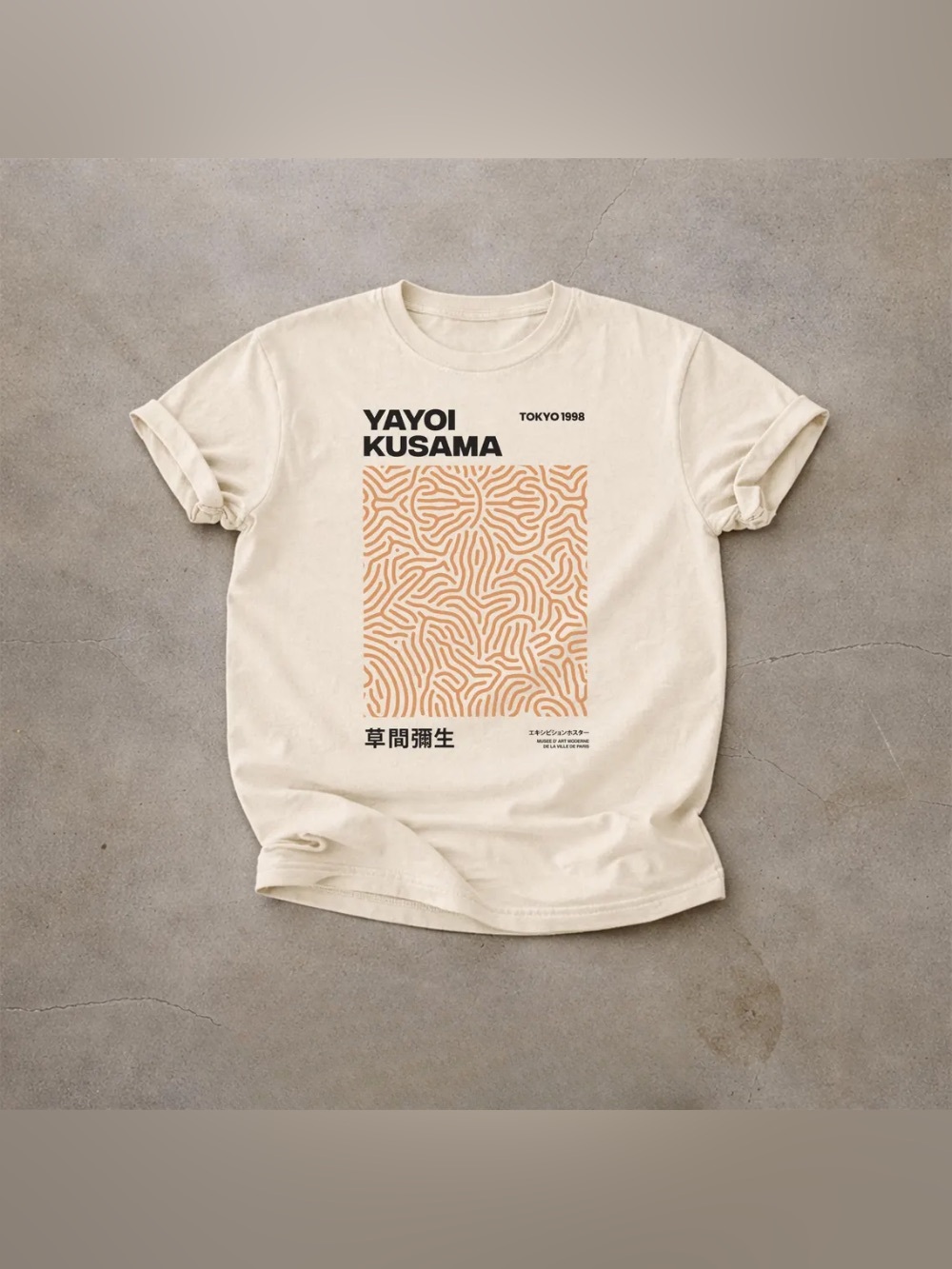 Yayoi Kusama Cream Short-Sleeve Graphic Tee, Japanese Art Style T-Shirt